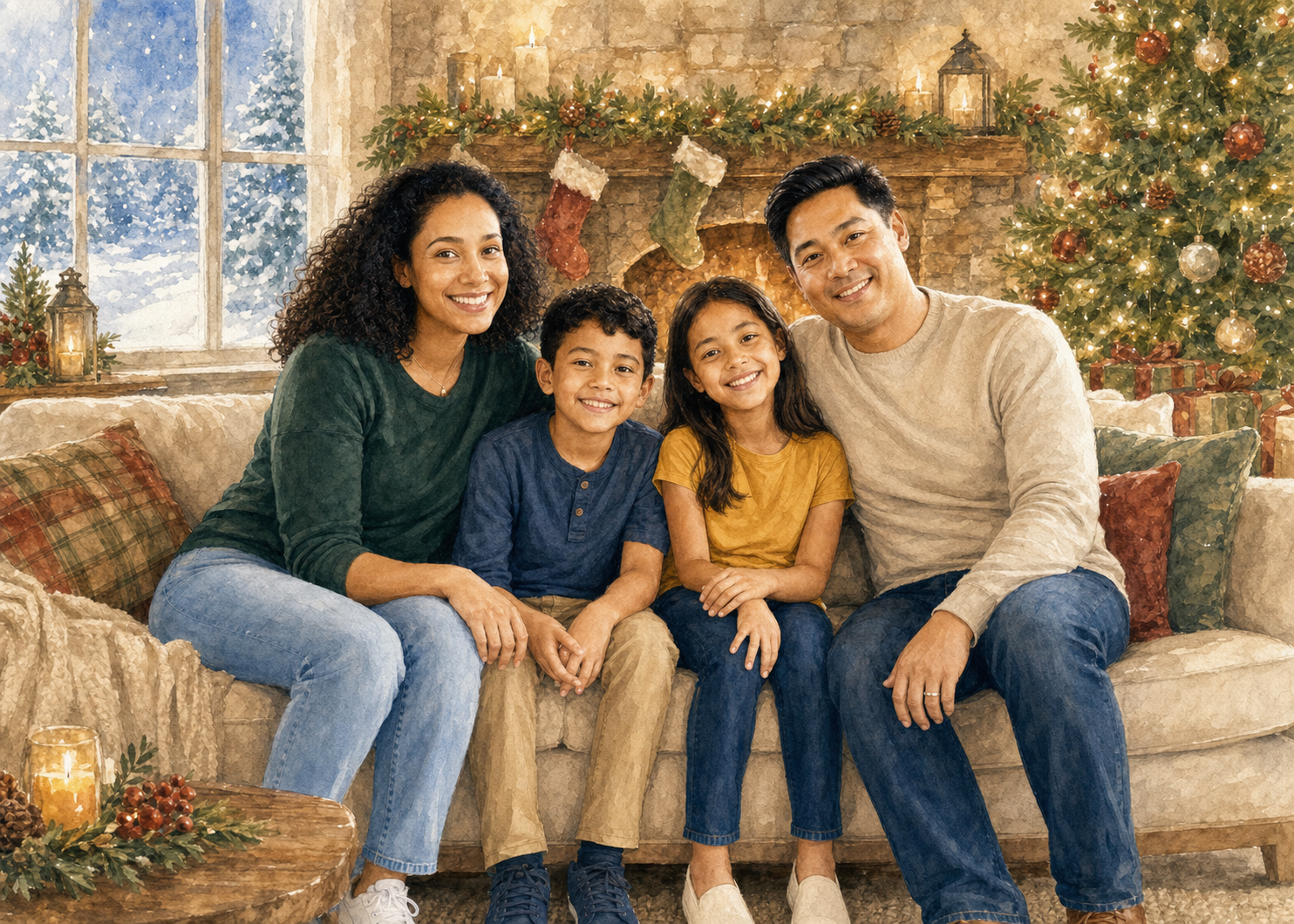 Family transformed into a watercolor Christmas scene